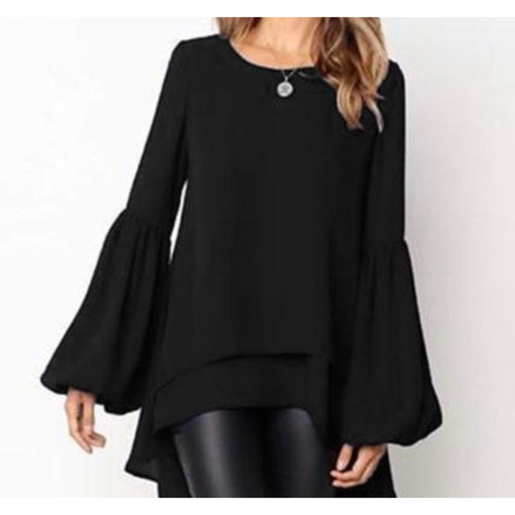 Halston Tops - Halston Blouse Key hole Dark romantic goth bell Sleeve high low Sheer Black M